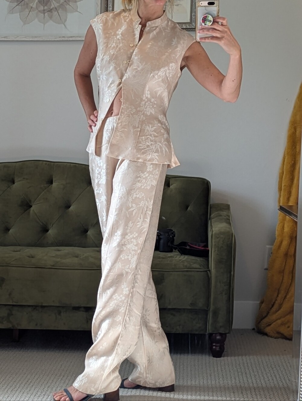 Vintage 100% Silk Cream Floral Brocade Wide-Leg Pants with Sleeveless Button Top